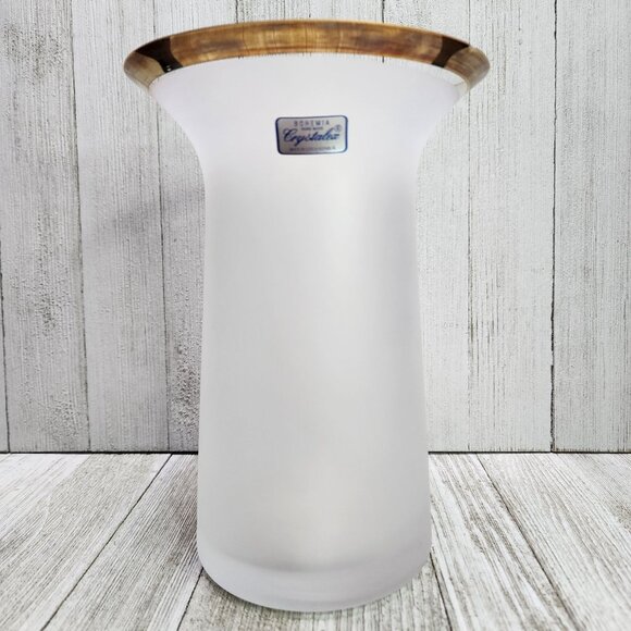 VTG Bohemia Handmade Crystalex Frosted Glass Vase Gold Trim 8.25'' Tall - Picture 2 of 10